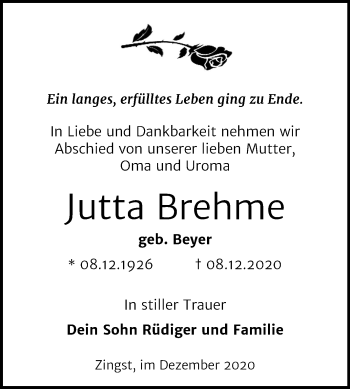 Traueranzeige von Jutta Brehme von Mitteldeutsche Zeitung Mansfelder Land