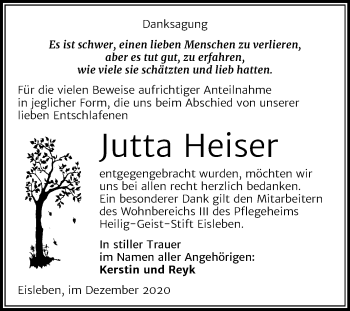 Traueranzeige von Jutta Heiser von Wochenspiegel Mansfelder Land