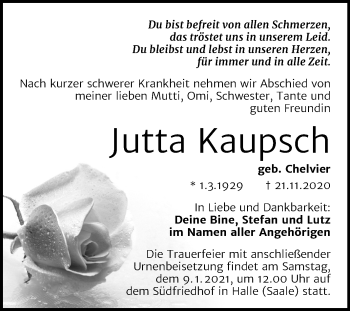 Traueranzeige von Jutta Kaupsch von Mitteldeutsche Zeitung Halle/Saalkreis