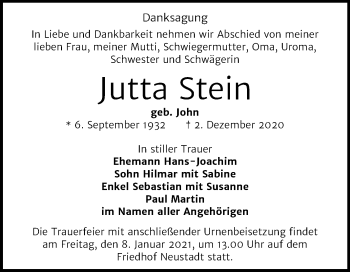 Traueranzeige von Jutta Stein von Mitteldeutsche Zeitung Halle/Saalkreis