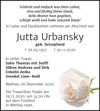 Traueranzeige von Jutta Urbansky von Wochenspiegel Naumburg/Nebra
