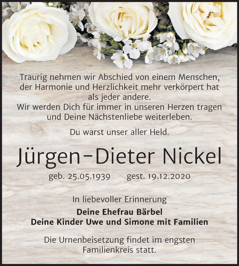  Traueranzeige für Jürgen-Dieter Nickel vom 30.12.2020 aus Mitteldeutsche Zeitung Sangerhausen