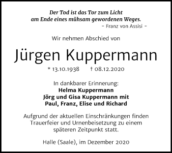 Traueranzeige von Jürgen Kuppermann von Mitteldeutsche Zeitung Halle/Saalkreis