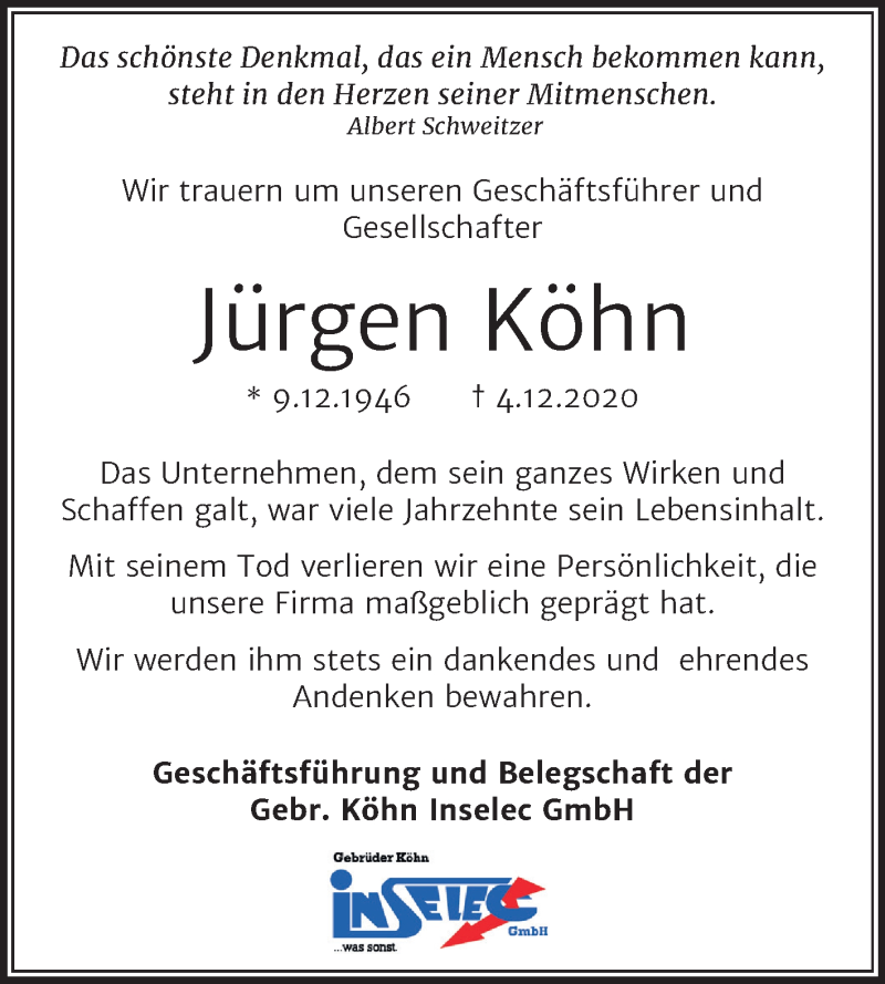  Traueranzeige für Jürgen Köhn vom 12.12.2020 aus Mitteldeutsche Zeitung Dessau-Roßlau