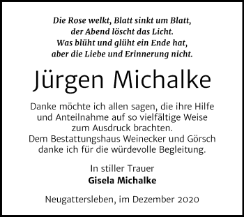 Traueranzeige von Jürgen Michalke von Mitteldeutsche Zeitung Bernburg