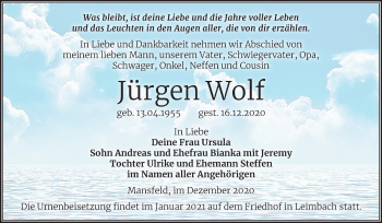 Traueranzeige von Jürgen Wolf von Mitteldeutsche Zeitung Mansfelder Land