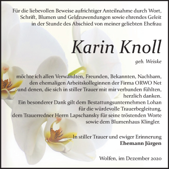 Traueranzeige von Karin Knoll von Wochenspiegel Bitterfeld
