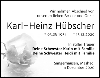 Traueranzeige von Karl-Heinz Hübscher von Mitteldeutsche Zeitung Sangerhausen
