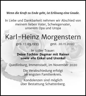 Traueranzeige von Karl-Heinz Morgenstern von Mitteldeutsche Zeitung Quedlinburg