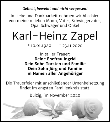 Traueranzeige von Karl-Heinz Zapel von Super Sonntag Wittenberg