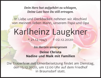 Traueranzeige von Karlheinz Laugkner von Super Sonntag Merseburg/Querfurt