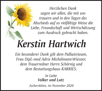 Traueranzeige von Kerstin Hartwich von Wochenspiegel Aschersleben