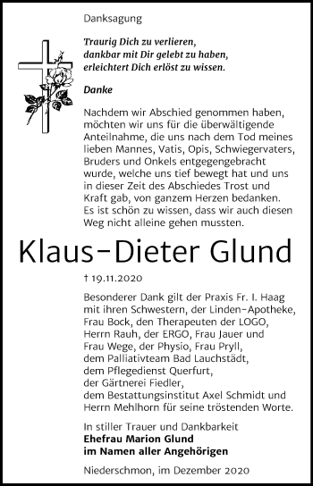 Traueranzeige von Klaus-Dieter Glund von Super Sonntag Merseburg/Querfurt