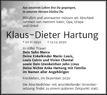 Traueranzeige von Klaus-Dieter Hartung von Wochenspiegel Aschersleben