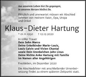 Traueranzeige von Klaus-Dieter Hartung von Mitteldeutsche Zeitung Aschersleben