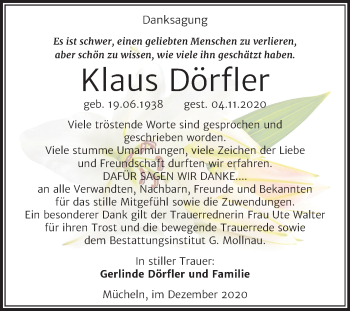 Traueranzeige von Klaus Dörfler von Mitteldeutsche Zeitung Merseburg/Querfurt
