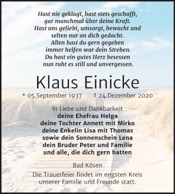 Traueranzeige von Klaus Einicke von Mitteldeutsche Zeitung Naumburg/Nebra
