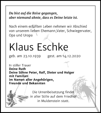 Traueranzeige von Klaus Eschke von Mitteldeutsche Zeitung Bitterfeld