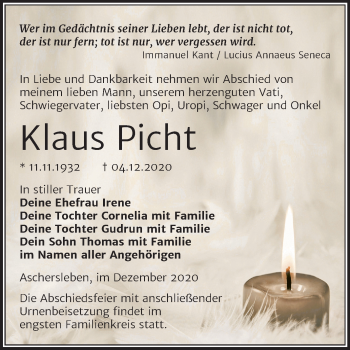 Traueranzeige von Klaus Picht von Mitteldeutsche Zeitung Aschersleben