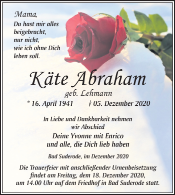 Traueranzeige von Käte Abraham von Mitteldeutsche Zeitung Quedlinburg