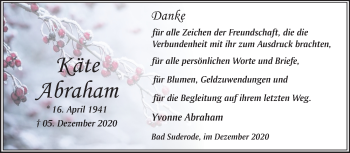 Traueranzeige von Käte Abraham von Mitteldeutsche Zeitung Quedlinburg