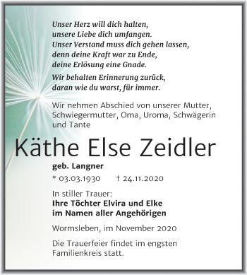 Traueranzeige von Käthe Else von Super Sonntag Mansfelder Land