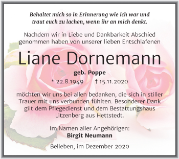 Traueranzeige von Liane Dornemann von Mitteldeutsche Zeitung Bernburg