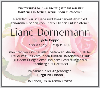 Traueranzeige von Liane Dornemann von Wochenspiegel Bernburg