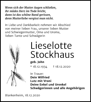 Traueranzeige von Lieselotte Stockhaus von Mitteldeutsche Zeitung Sangerhausen