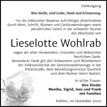 Traueranzeige von Lieselotte Wohlrab von Mitteldeutsche Zeitung Köthen