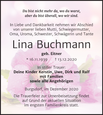 Traueranzeige von Lina Buchmann von Mitteldeutsche Zeitung Mansfelder Land