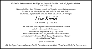 Traueranzeige von Lisa Riedel von Mitteldeutsche Zeitung Quedlinburg