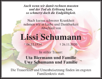 Traueranzeige von Lissi Schumann von Mitteldeutsche Zeitung Wittenberg