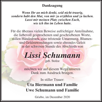 Traueranzeige von Lissi Schumann von Mitteldeutsche Zeitung Wittenberg