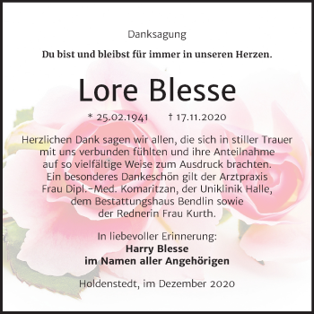 Traueranzeige von Lore Blesse von Super Sonntag Sangerhausen
