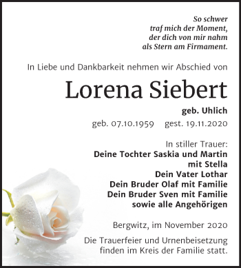 Traueranzeige von Lorena Siebert von Super Sonntag Wittenberg