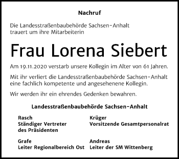 Traueranzeige von Lorena Siebert von Mitteldeutsche Zeitung Wittenberg