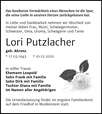Traueranzeige von Lori Putzlacher von Mitteldeutsche Zeitung Bitterfeld