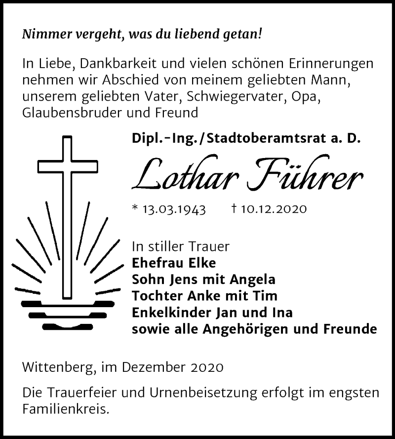  Traueranzeige für Lothar Führer vom 19.12.2020 aus Super Sonntag Wittenberg