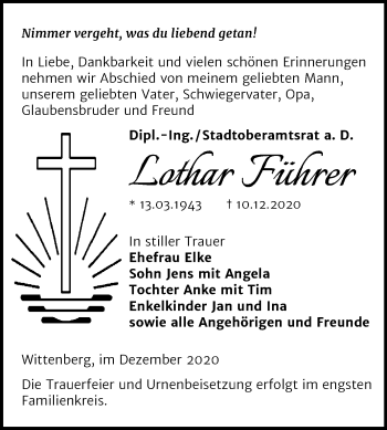 Traueranzeige von Lothar Führer von Super Sonntag Wittenberg