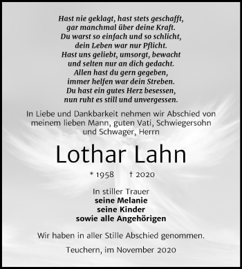 Traueranzeige von Lothar Lahn von Mitteldeutsche Zeitung Weißenfels
