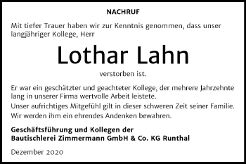 Traueranzeige von Lothar Lahn von Wochenspiegel Weißenfels