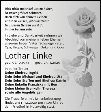Traueranzeige von Lothar Linke von Wochenspiegel Bitterfeld