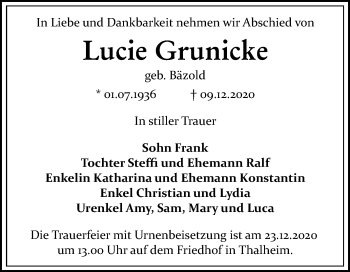 Traueranzeige von Lucie Grunicke von Mitteldeutsche Zeitung Bitterfeld