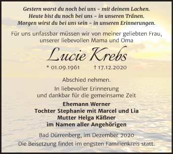 Traueranzeige von Lucie Krebs von Mitteldeutsche Zeitung Merseburg/Querfurt
