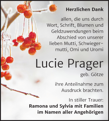 Traueranzeige von Lucie Prager von Mitteldeutsche Zeitung Merseburg/Querfurt
