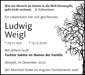 Traueranzeige von Ludwig Weigl von Mitteldeutsche Zeitung Sangerhausen