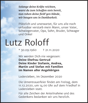 Traueranzeige von Lutz Roloff von Wochenspiegel Merseburg/Querfurt