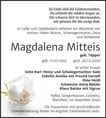 Traueranzeige von Magdalena Mitteis von Mitteldeutsche Zeitung Sangerhausen