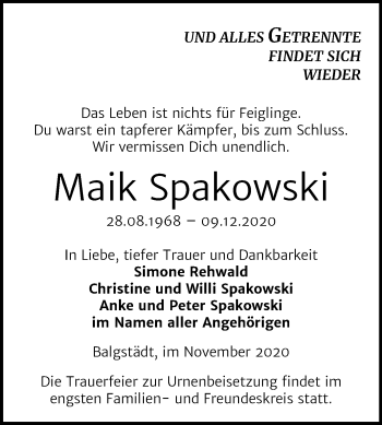 Traueranzeige von Maik Spakowski von Wochenspiegel Naumburg/Nebra